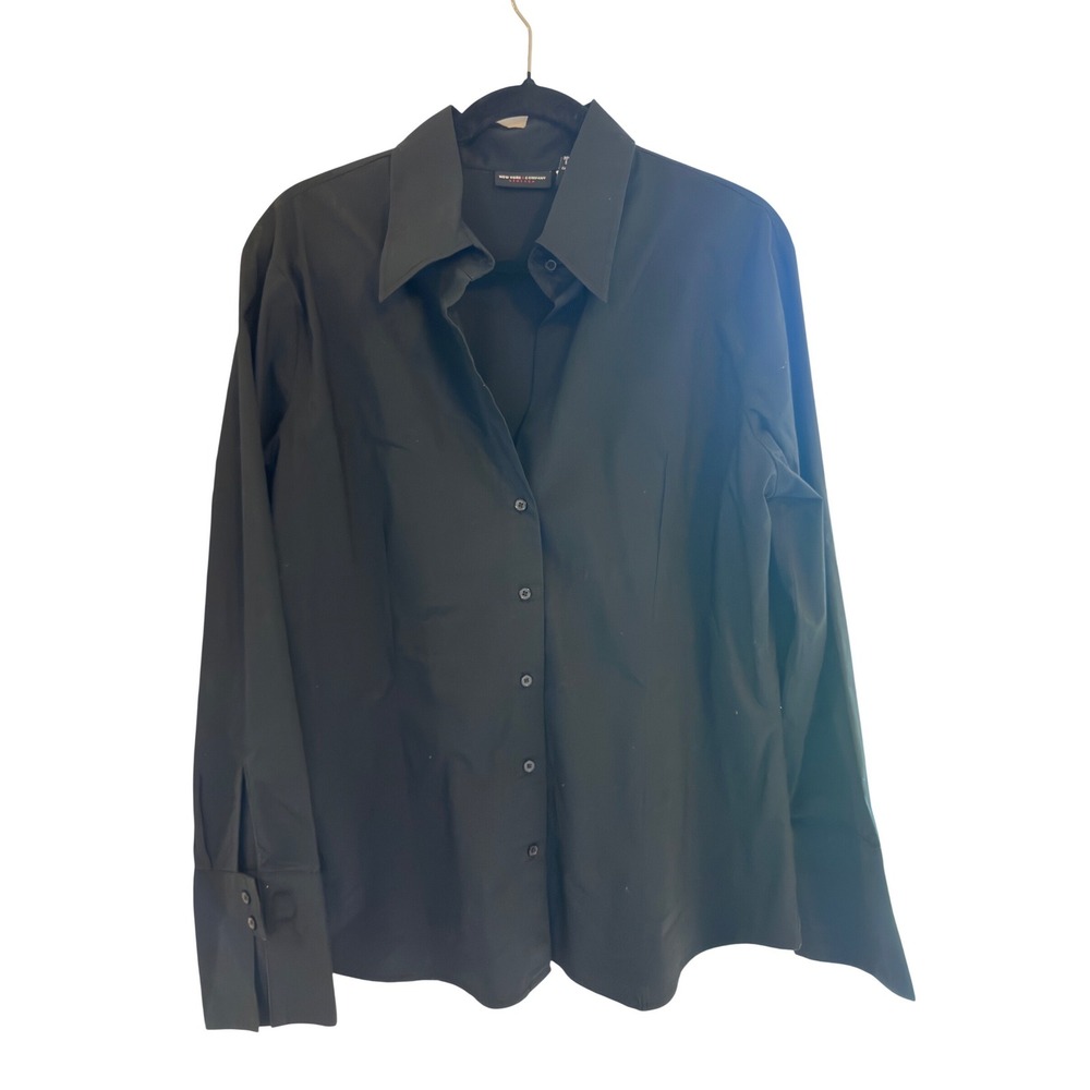 New York & Company Button Down Shirt Black Cotton Blend Stretch XL
